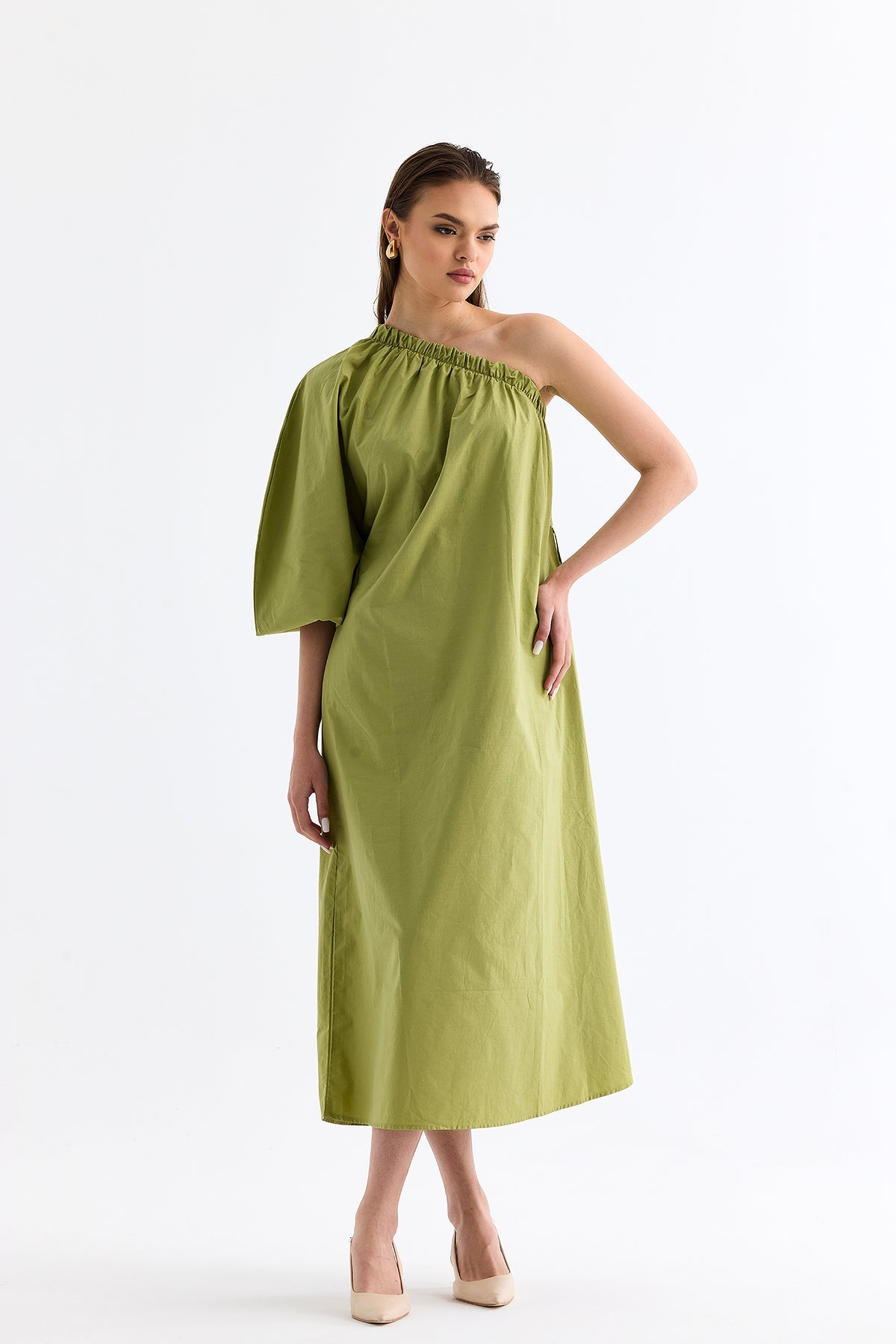 One - Shoulder Low - cut Belted Dress Green - Lebbse