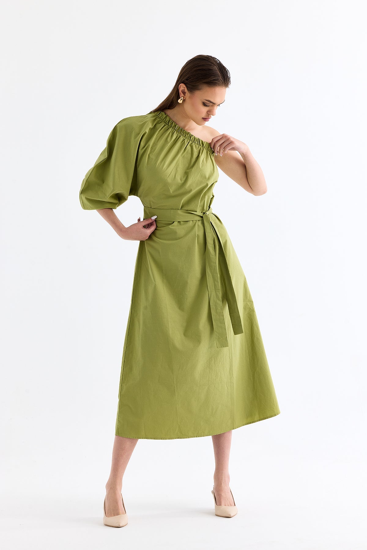 One-Shoulder Low-cut Belted Dress Green | CLOTHES | DRESS | Lebbse One-Shoulder Low-cut Belted Dress Green | CLOTHES | DRESS | Lebbse