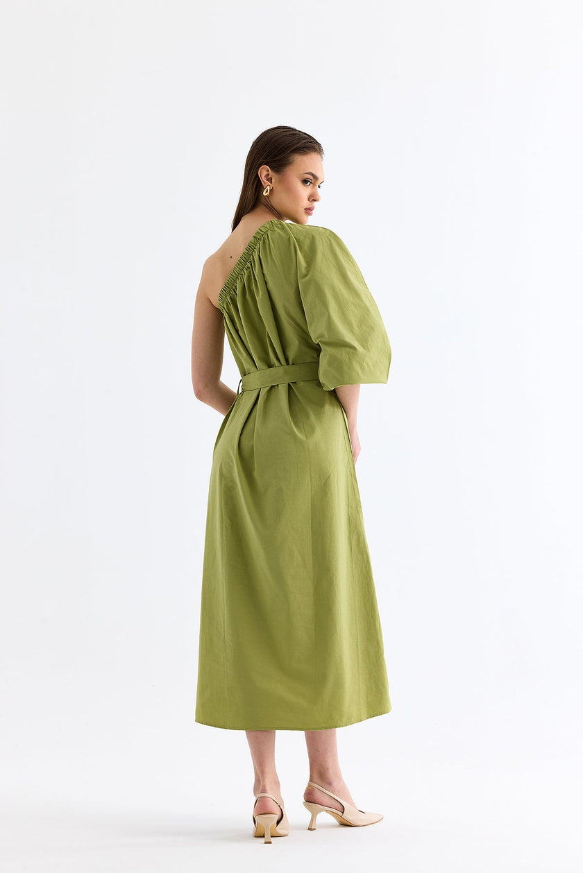 One - Shoulder Low - cut Belted Dress Green - Lebbse