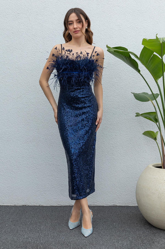 Otrisch Sequin Evening Dress - DARK BLUE - Lebbse