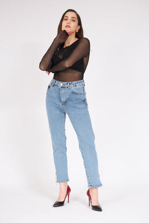 بنطلون جينز نسائي بساق تصميم أوفال وحجر على السلسلة - Oval Leg Chain Stone Jean