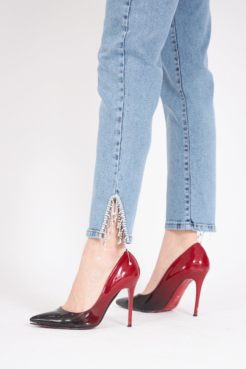 4- بنطلون جينز نسائي بساق تصميم أوفال وحجر على السلسلة - Oval Leg Chain Stone Jean