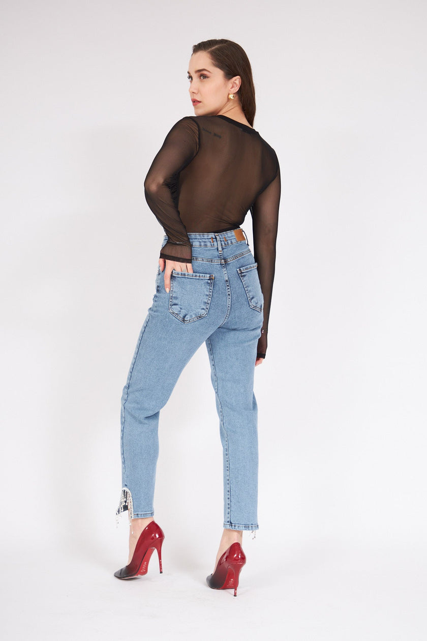 5- بنطلون جينز نسائي بساق تصميم أوفال وحجر على السلسلة - Oval Leg Chain Stone Jean