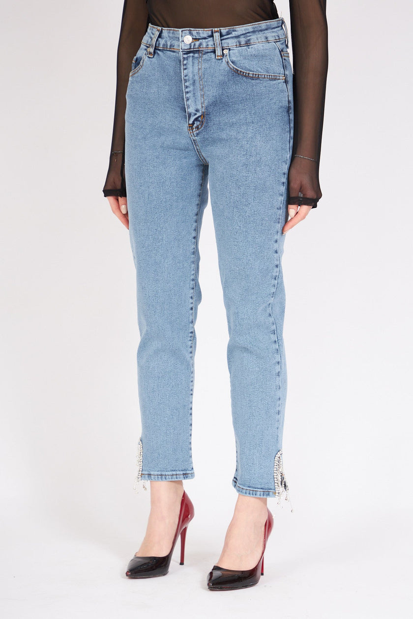 2- بنطلون جينز نسائي بساق تصميم أوفال وحجر على السلسلة - Oval Leg Chain Stone Jean