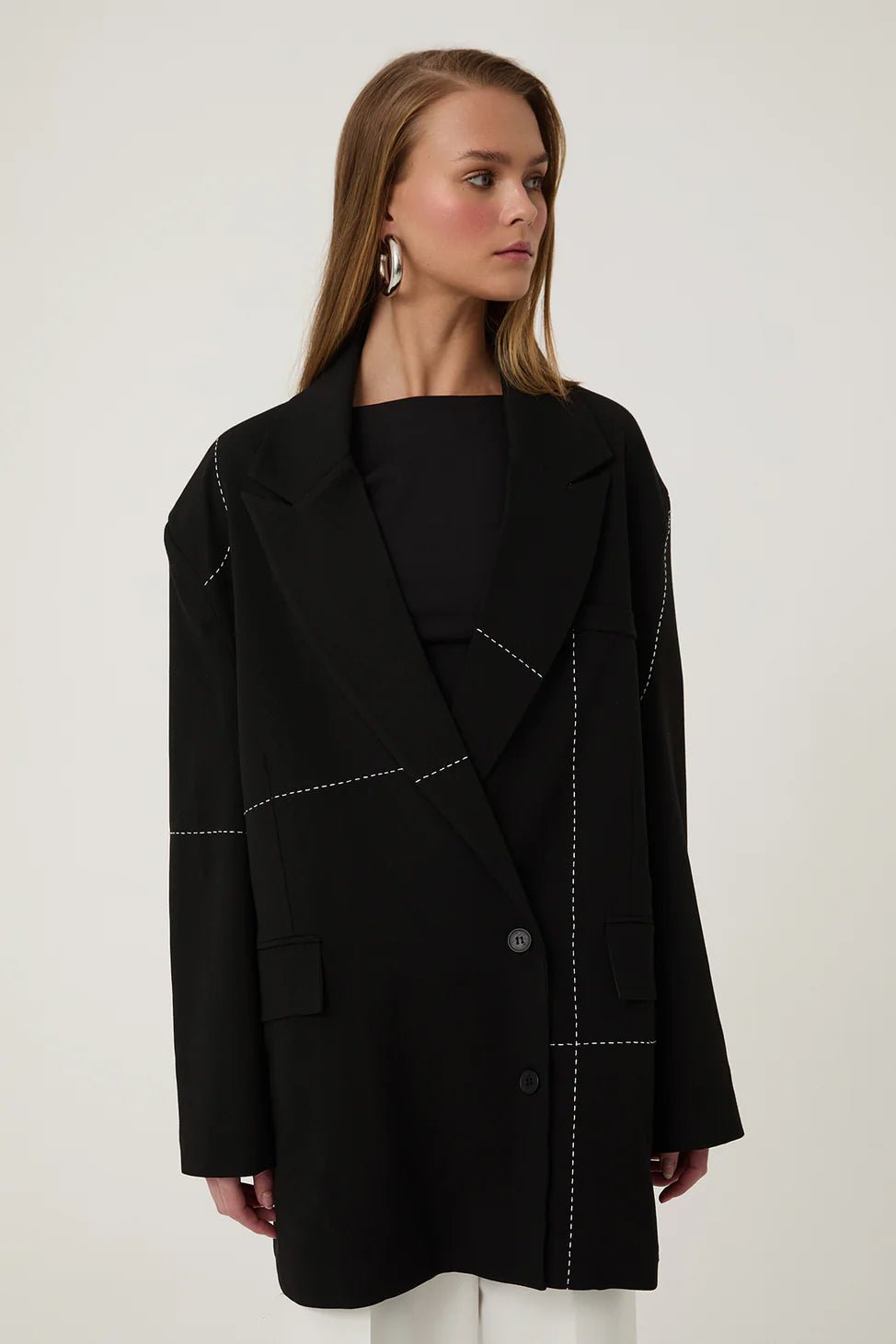 Oversize Blazer Jacket with Stitching Details Black - Lebbse