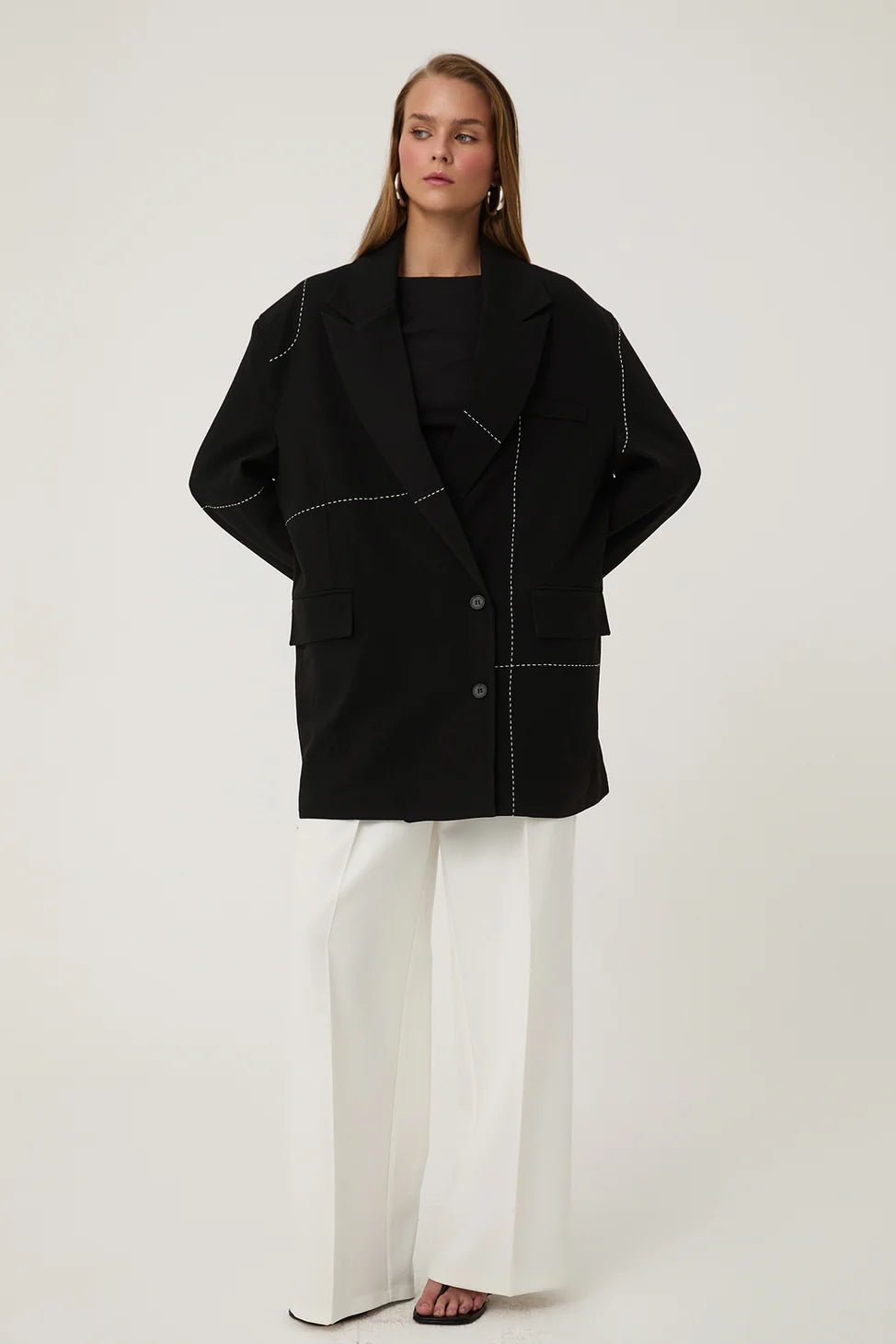 Oversize Blazer Jacket with Stitching Details Black - Lebbse