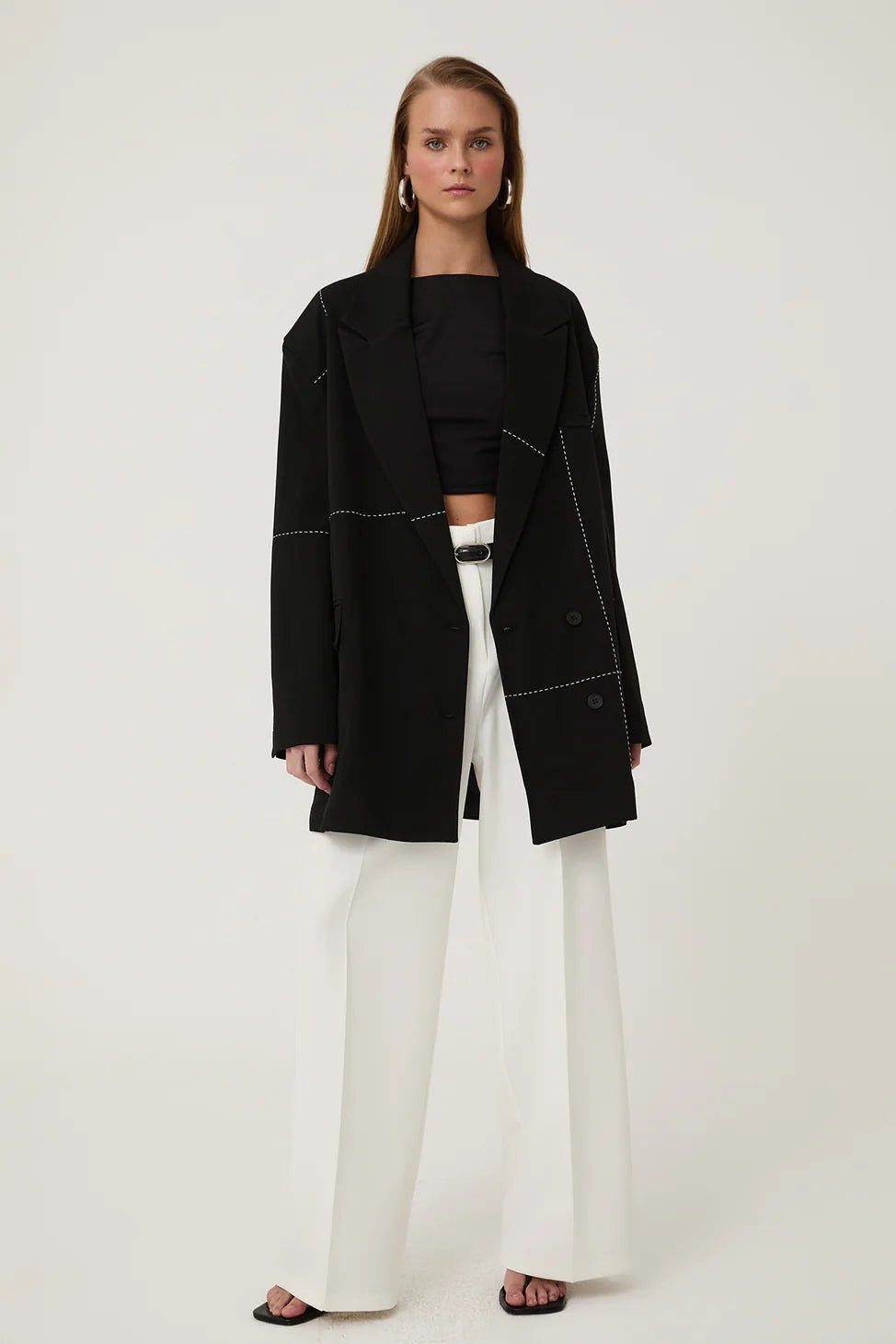 Oversize Blazer Jacket with Stitching Details Black - Lebbse