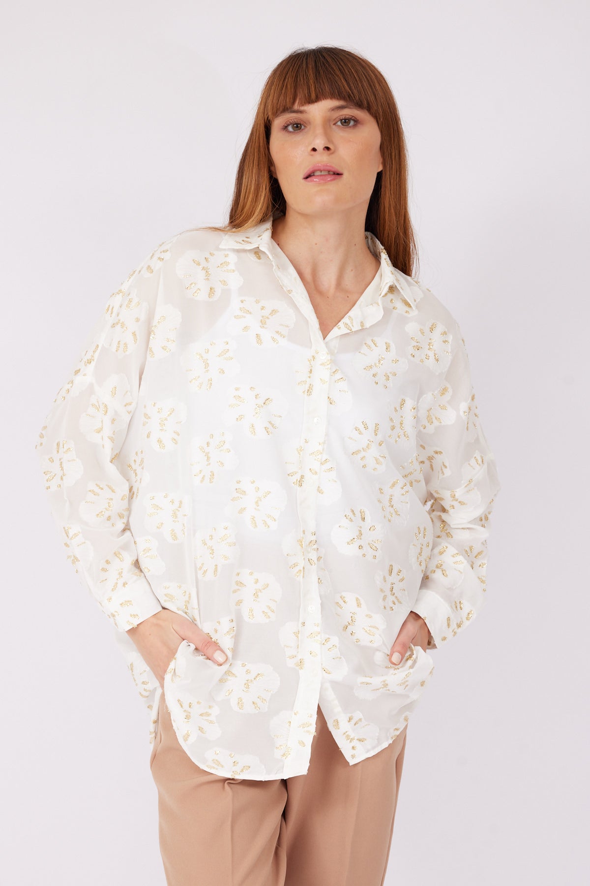 OVERSIZE GOLD ROSE TRANSPARENT ECRU WOMEN'S SHIRT - Lebbse