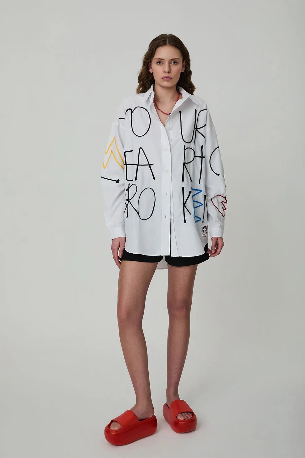 Oversize Shirt with Embroidery Print Detail White - Lebbse