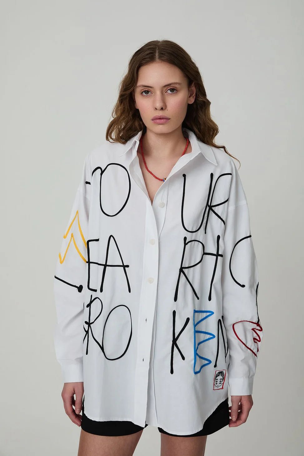 Oversize Shirt with Embroidery Print Detail White - Lebbse