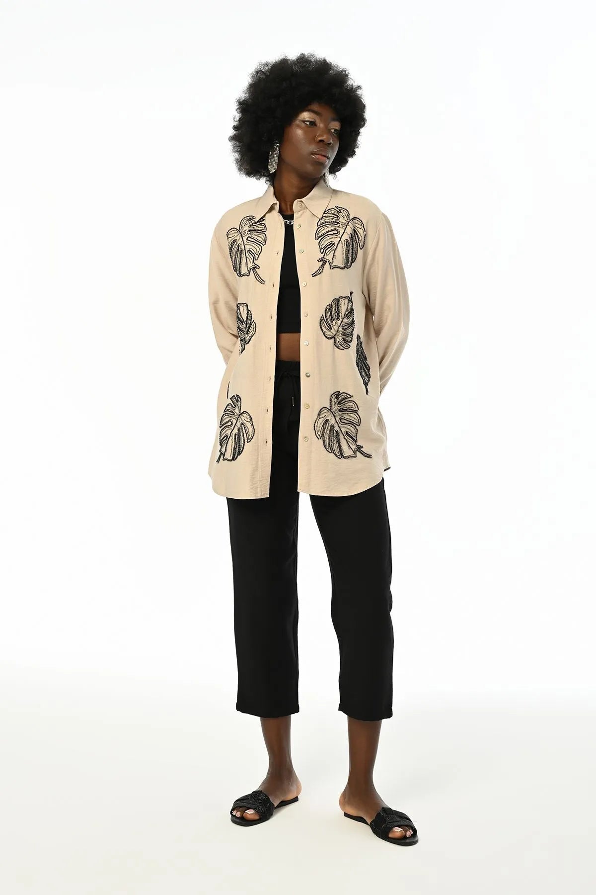 OVERSIZED SHIRT WITH STONE EMBROIDERED FRONT - Lebbse