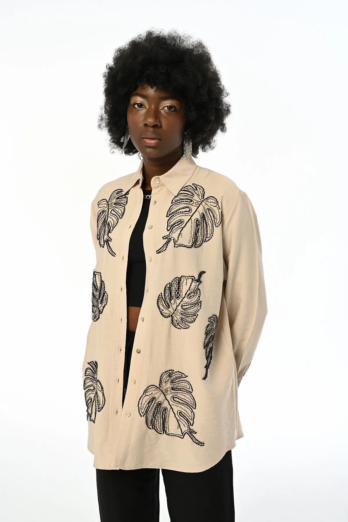 OVERSIZED SHIRT WITH STONE EMBROIDERED FRONT - Lebbse