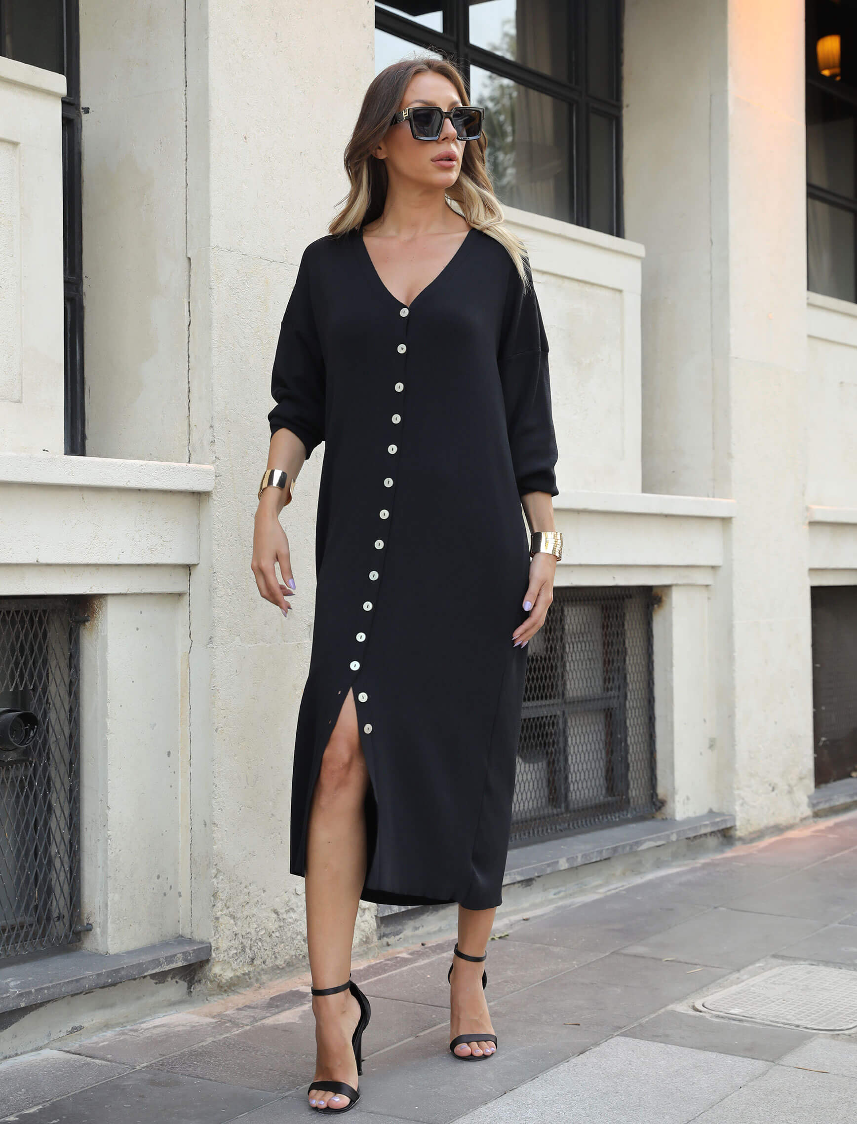 Black Buttoned Knit Dress