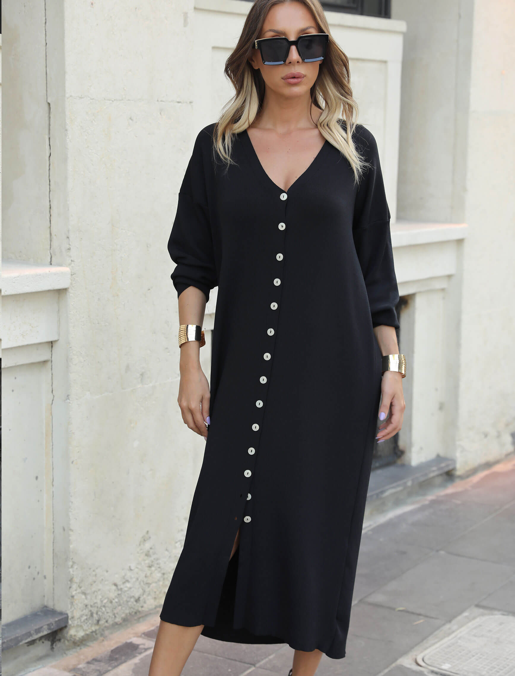 Black Buttoned Knit Dress