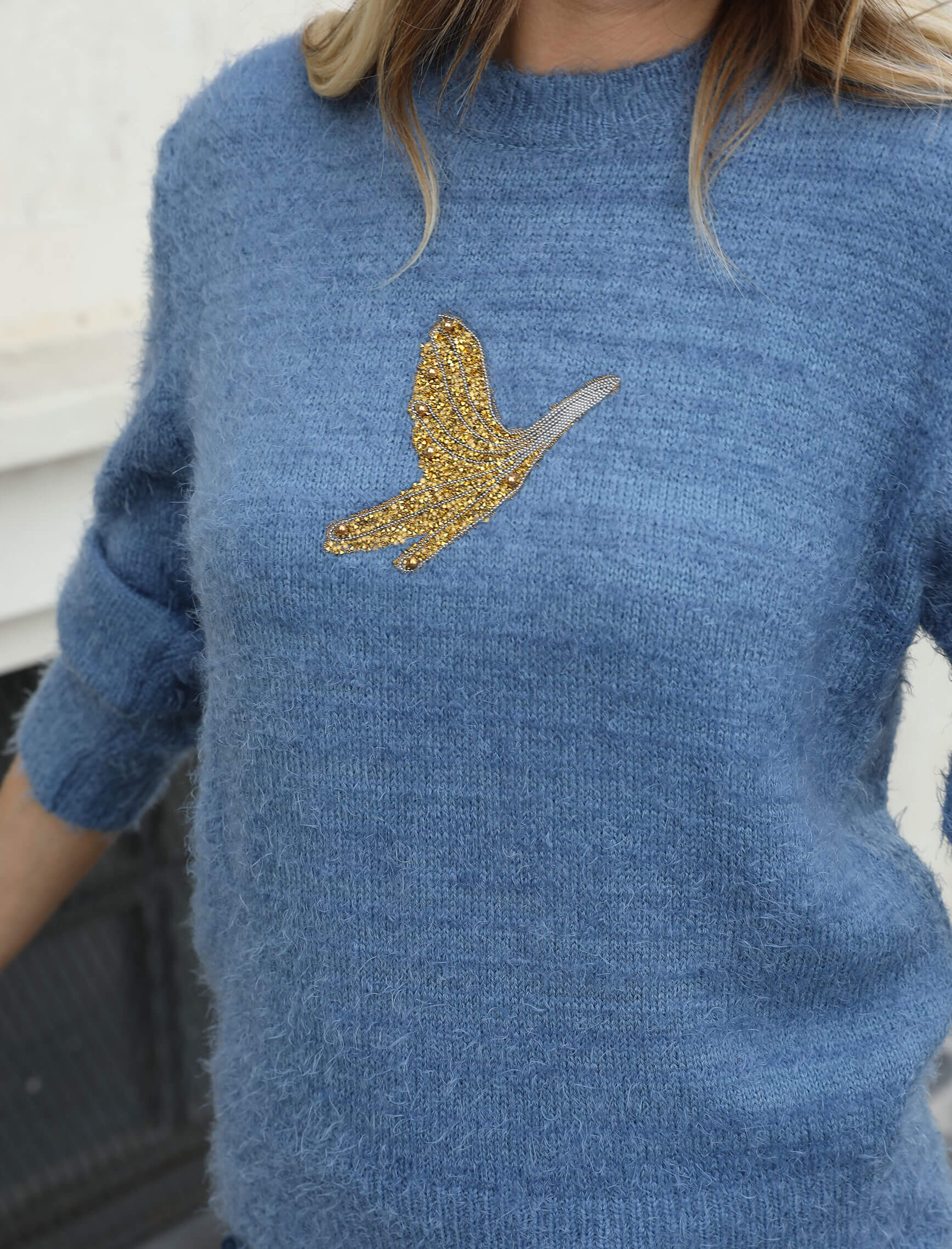 Blue Bird Embroidery Plush Sweater