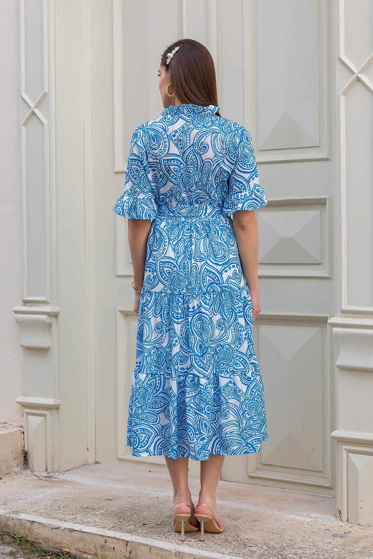 Patterned Poplin Dress - DARK BLUE - Lebbse