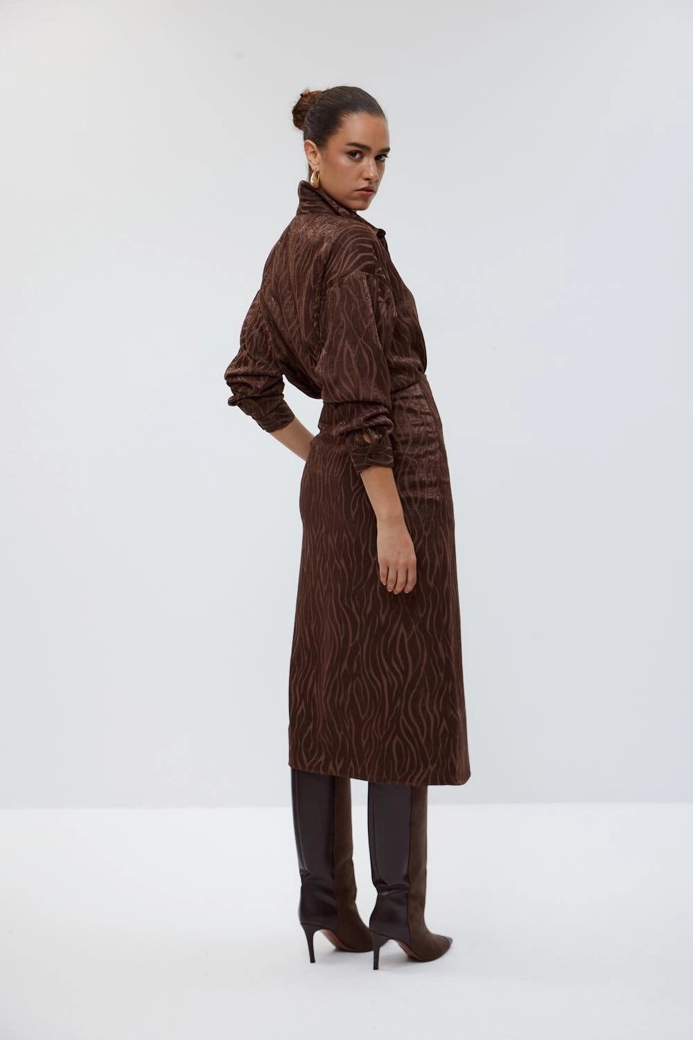 Patterned Shirt Skirt Brown Women's Suit - Lebbse