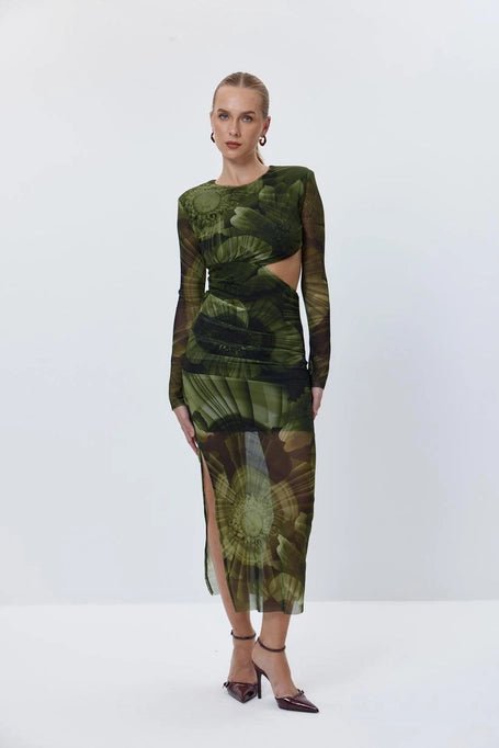 Patterned Waist Low - Cut Dark green Long Tulle Dress - Lebbse