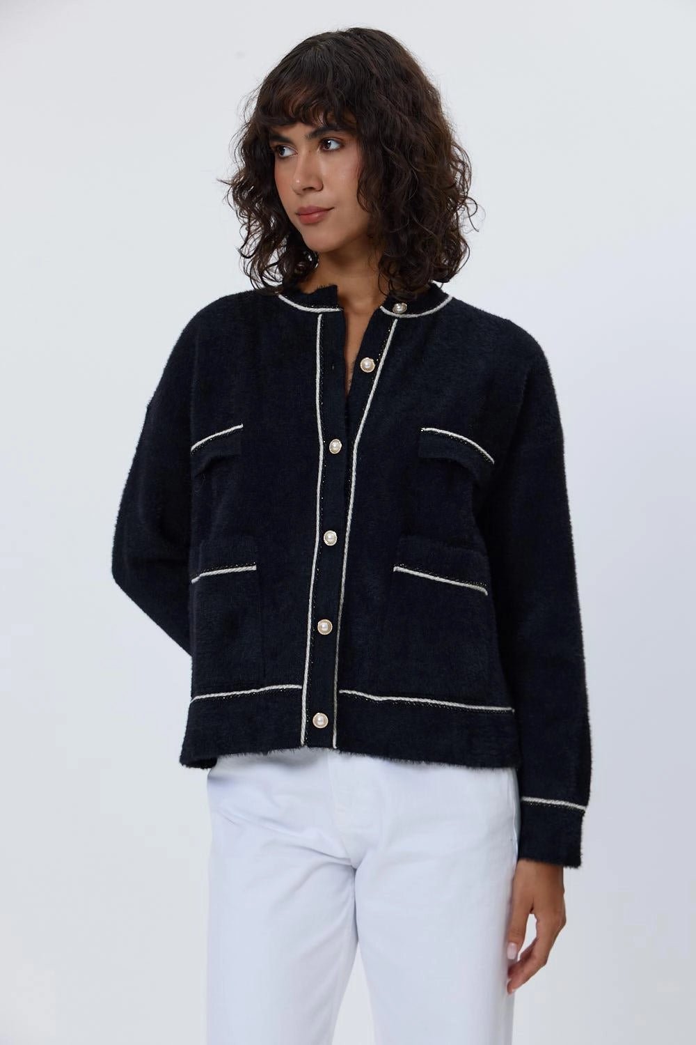 Pearl Buttoned Soft Cardigan - BLACK - Lebbse