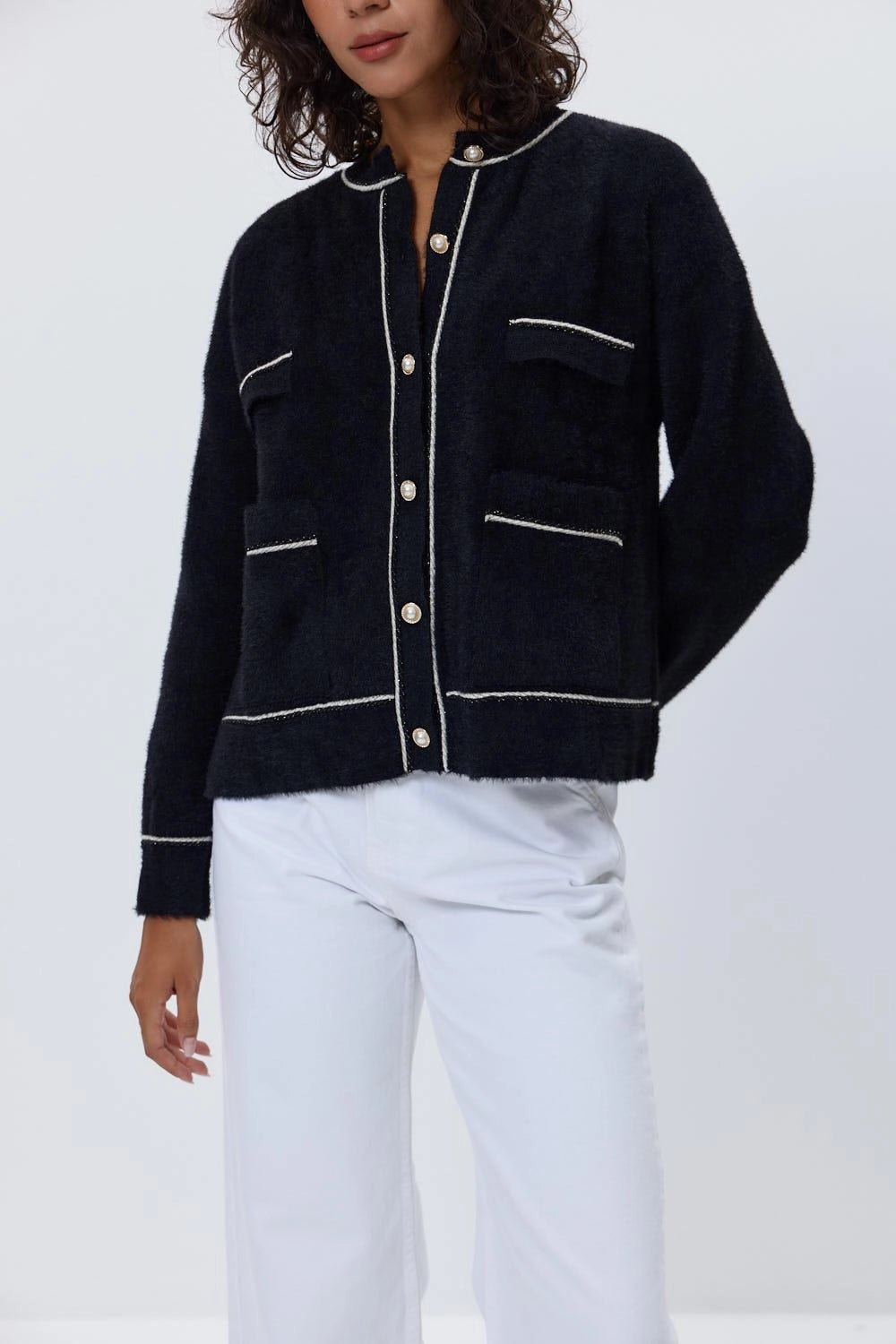 Pearl Buttoned Soft Cardigan - BLACK - Lebbse