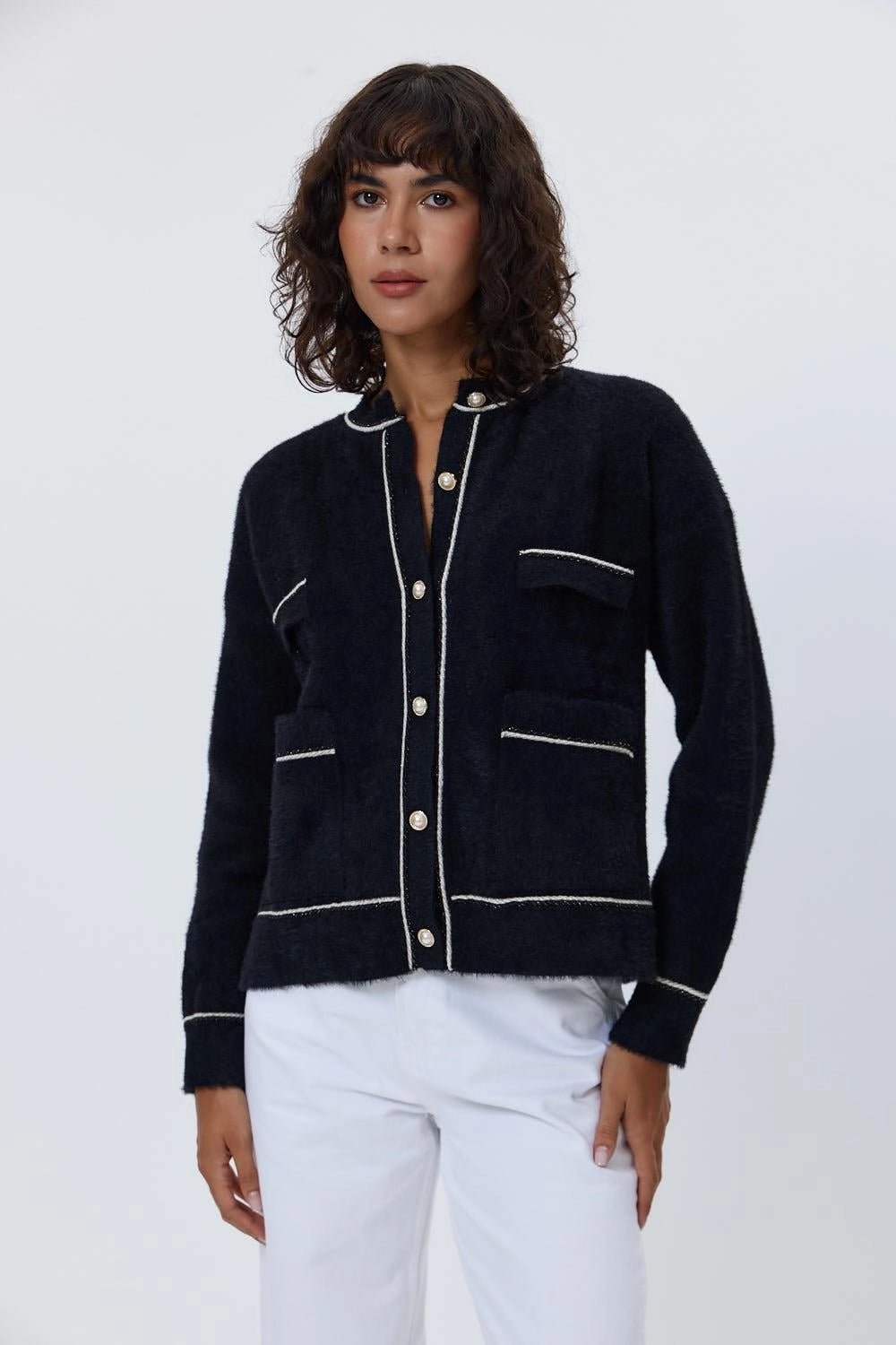 Pearl Buttoned Soft Cardigan - BLACK - Lebbse