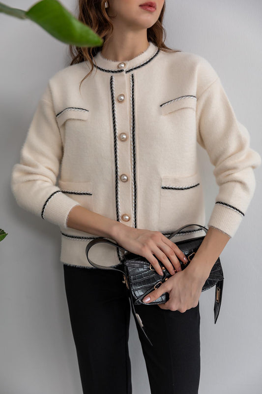 Pearl Buttoned Soft Cardigan - OFFWHITE - Lebbse