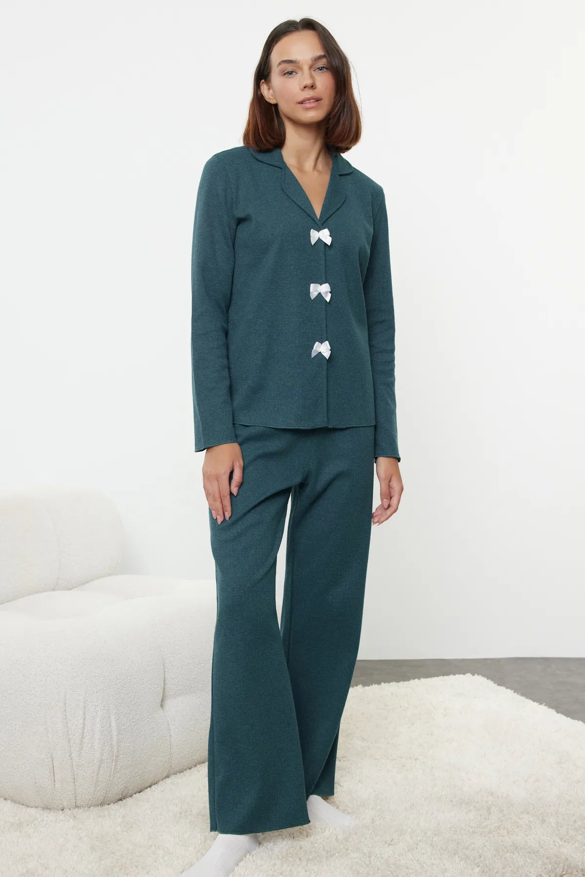 Petrol Ribbon Bow Waffle Fabric Knitted Pajama Set - Lebbse