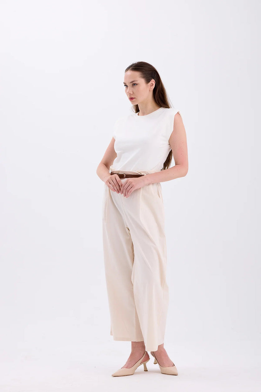 Piece Detailed Belted Jumpsuit Beige - Lebbse