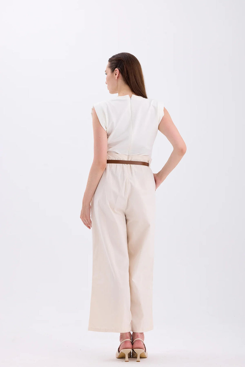 Piece Detailed Belted Jumpsuit Beige - Lebbse
