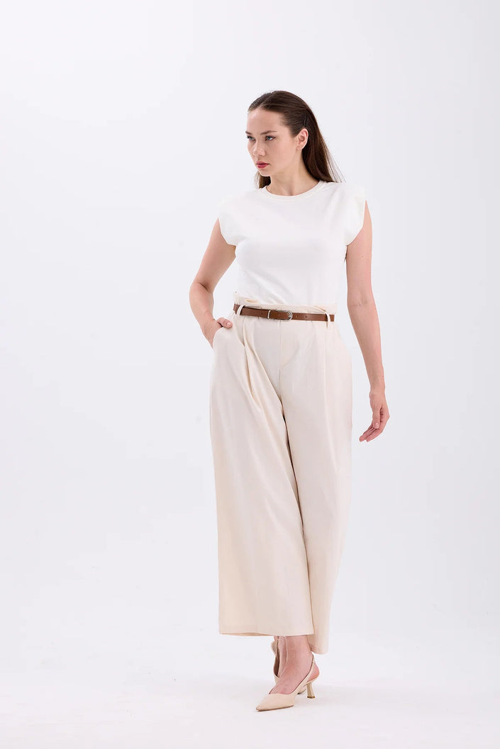 Piece Detailed Belted Jumpsuit Beige - Lebbse