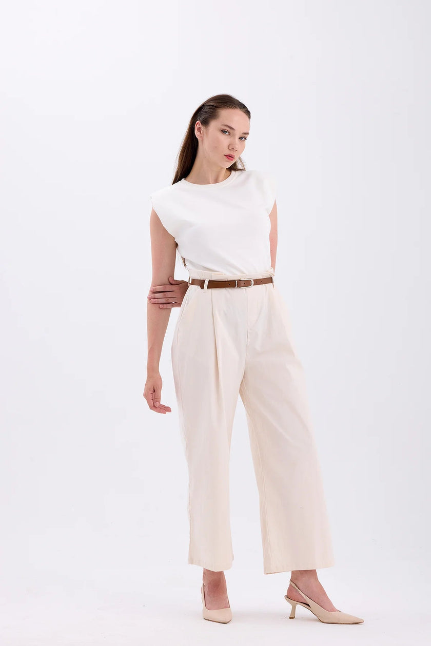 Piece Detailed Belted Jumpsuit Beige - Lebbse