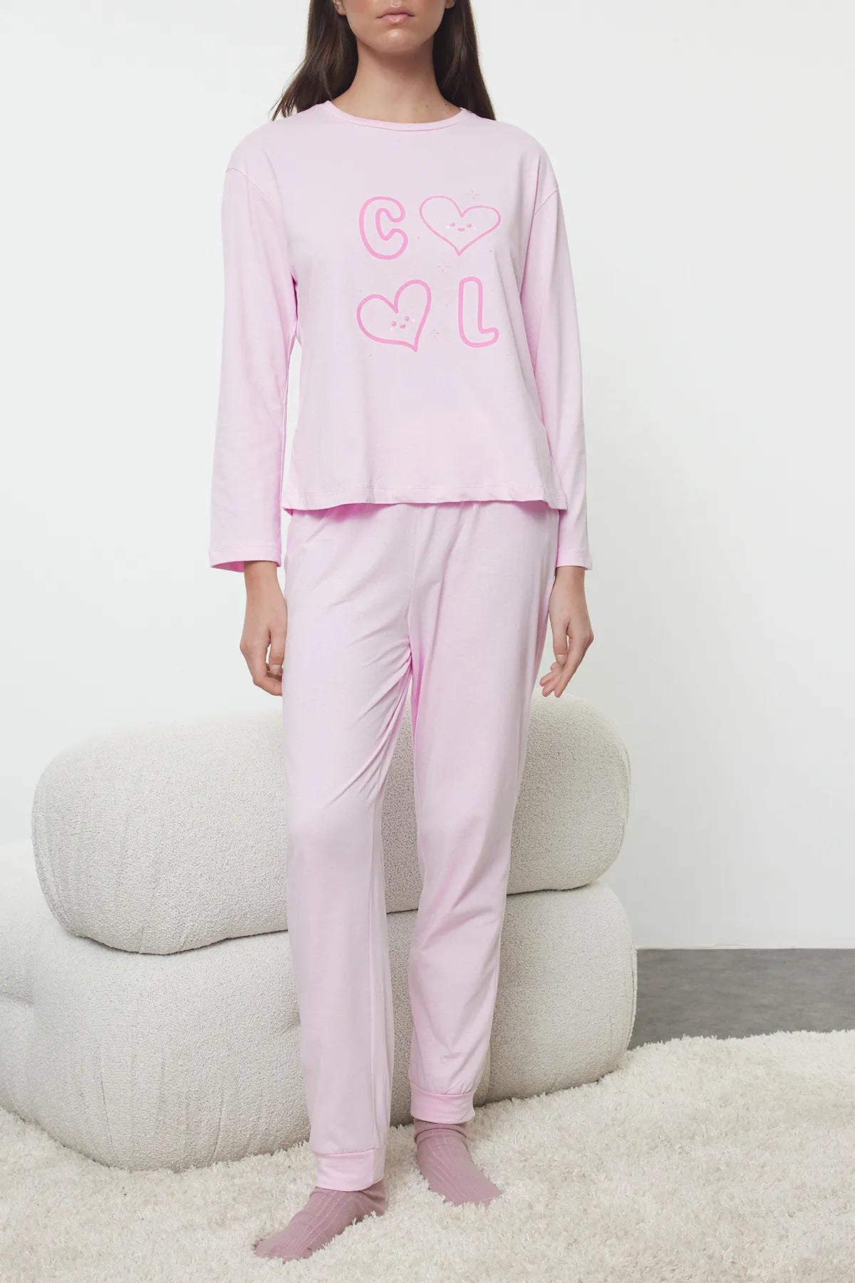 Pink 100% Cotton Slogan Heart Knitted Pajama Set - Lebbse