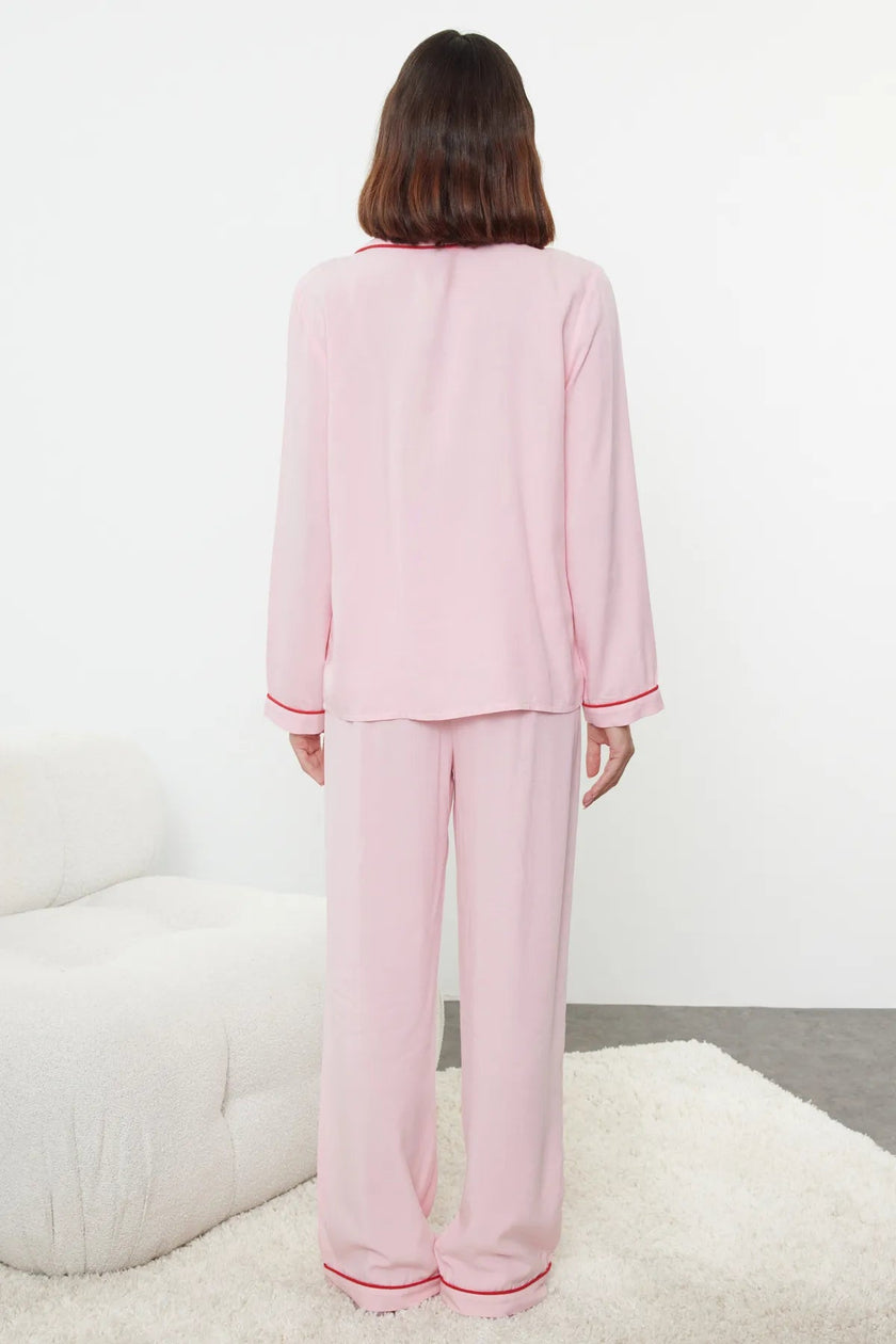 Pink Heart - shaped Viscose Woven Pajama Set - Lebbse