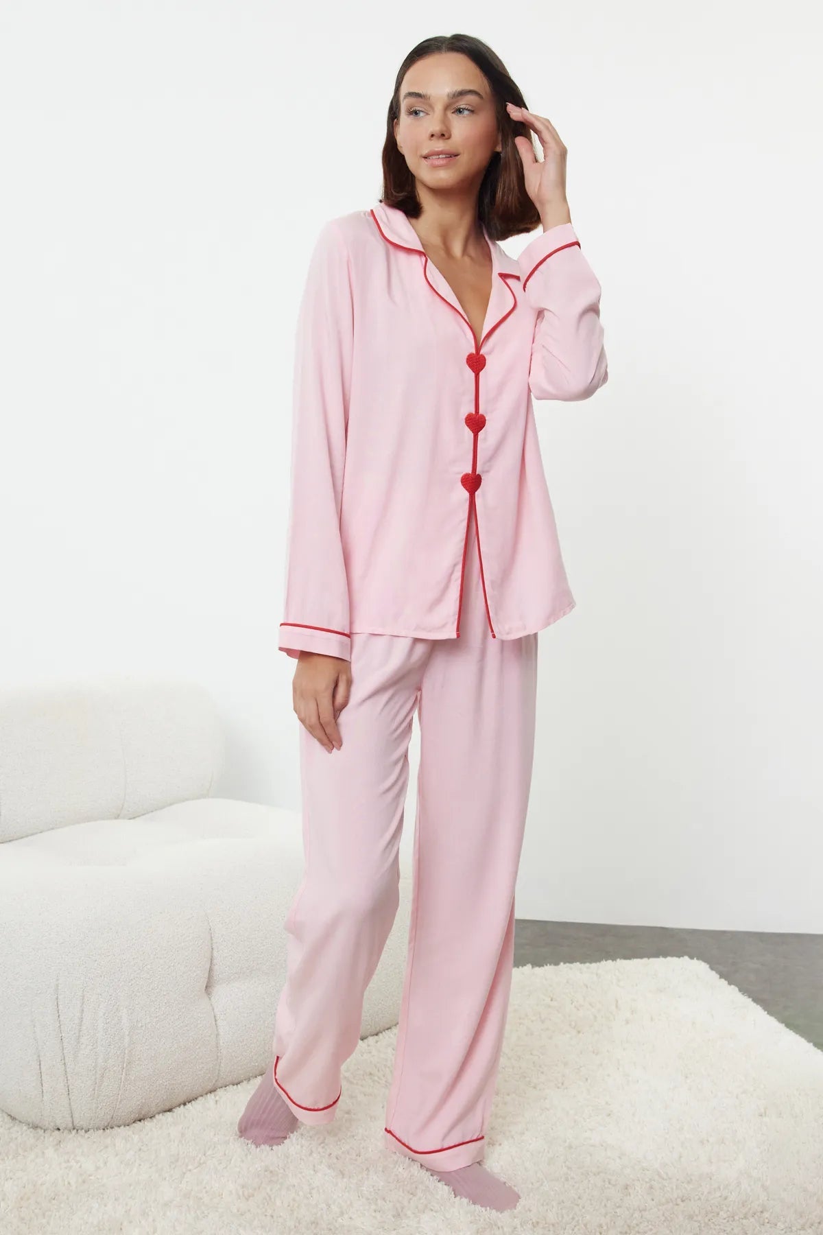 Pink Heart - shaped Viscose Woven Pajama Set - Lebbse