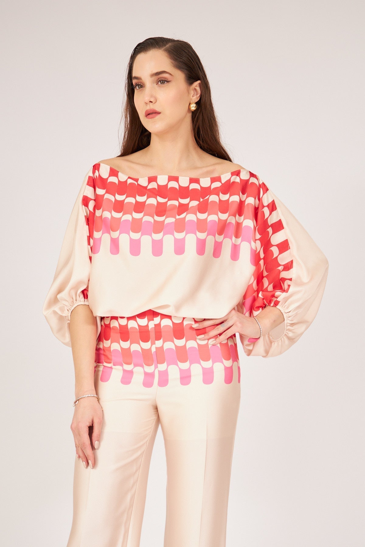 Pink Long Sleeve Boat Neck Blouse - Lebbse