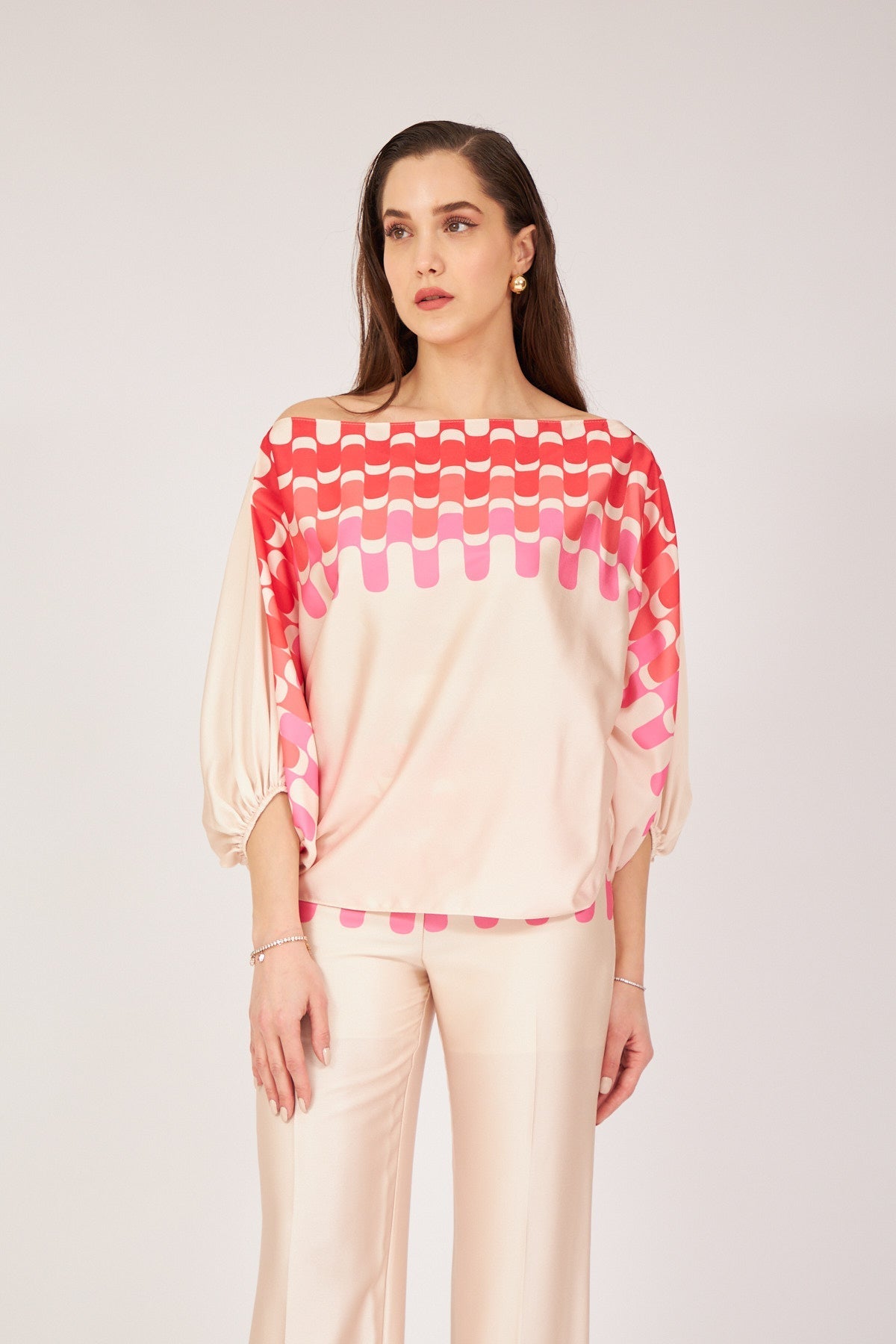 Pink Long Sleeve Boat Neck Blouse - Lebbse