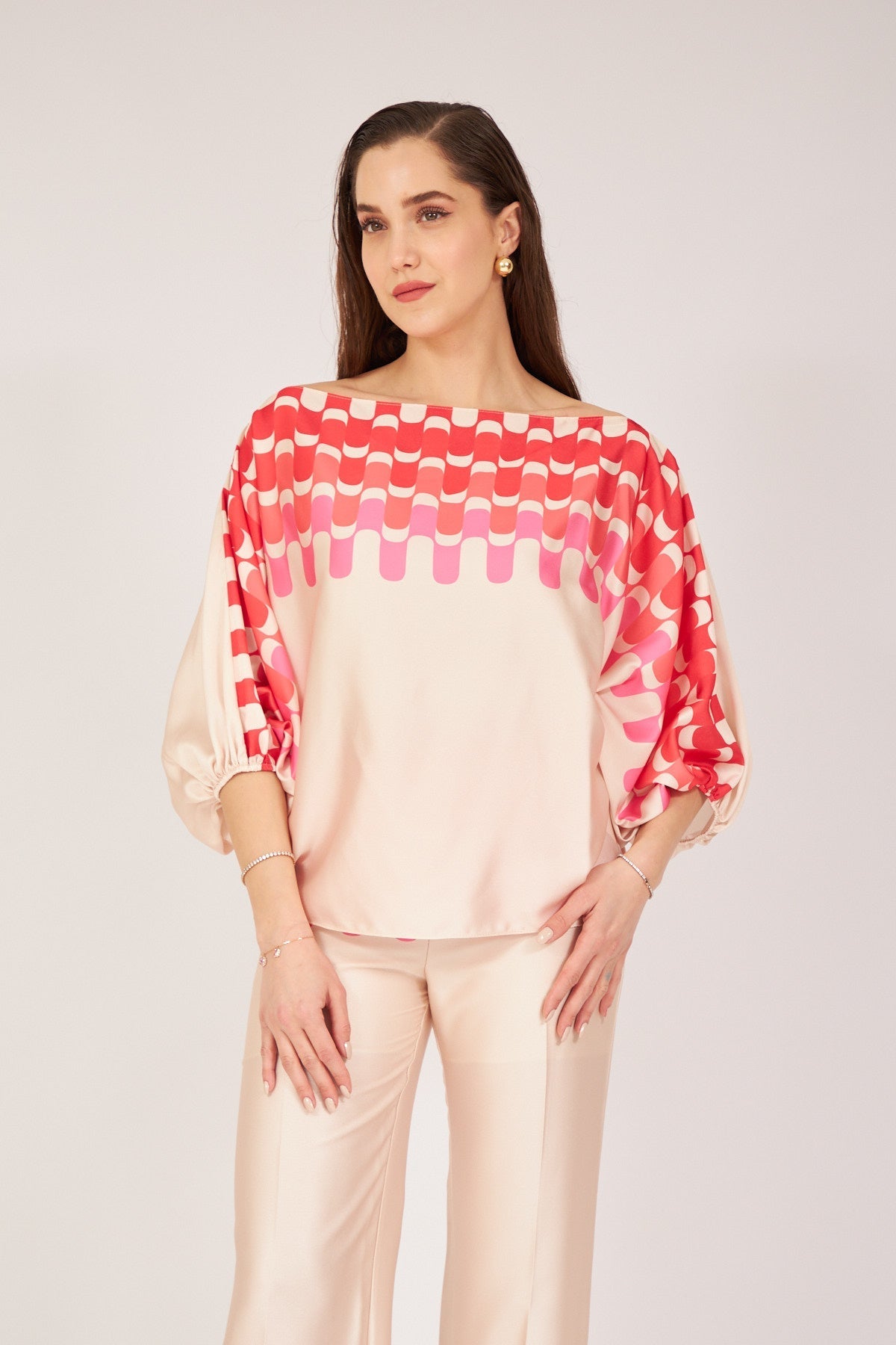 Pink Long Sleeve Boat Neck Blouse - Lebbse