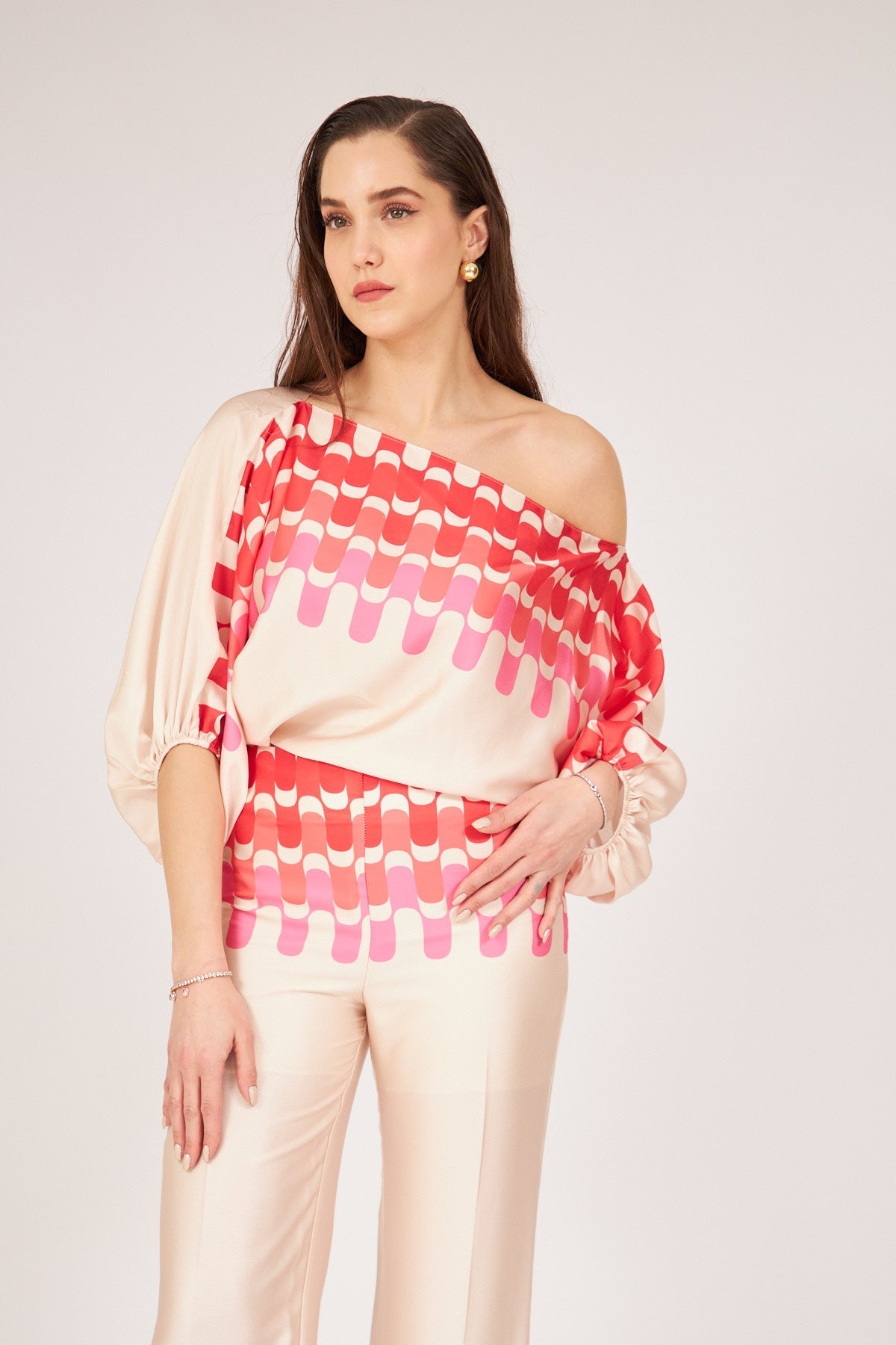 Pink Long Sleeve Boat Neck Blouse - Lebbse