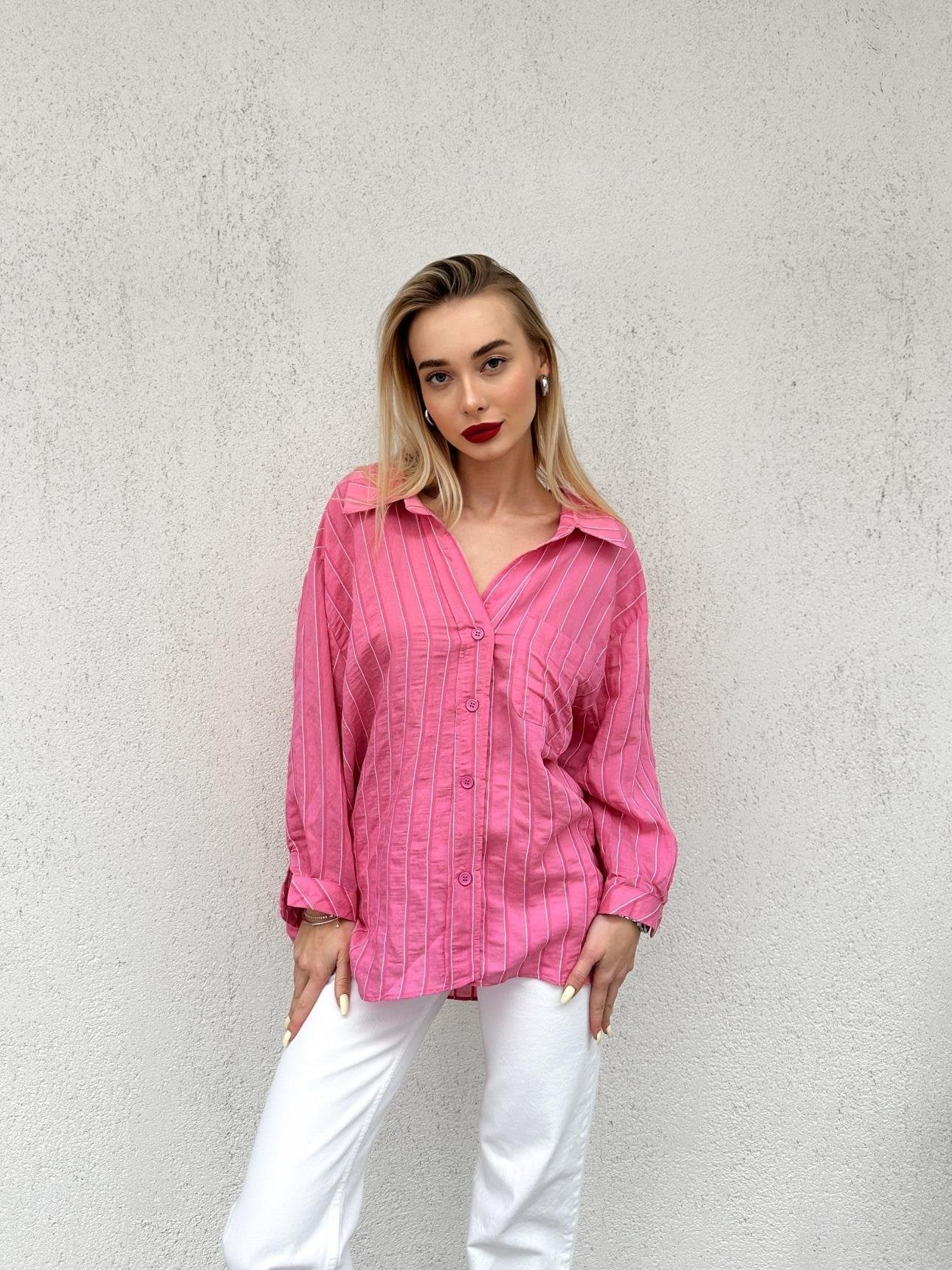 PINK LOW SHOULDER STRIPED SHIRT - Lebbse