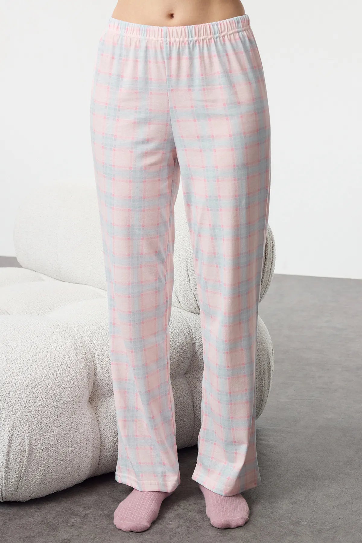 Pink - Multicolored Cotton Plaid Sleep Band Knitted Pajama Set - Lebbse