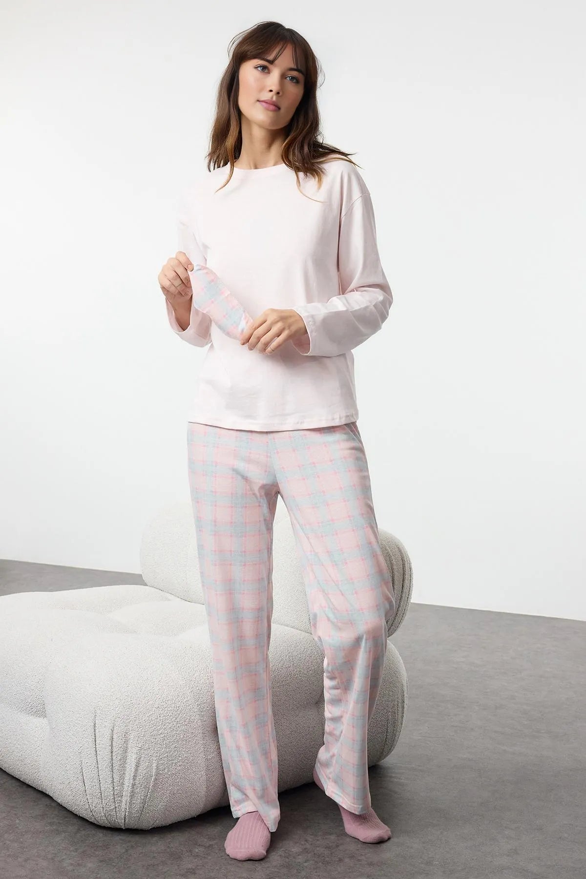 Pink - Multicolored Cotton Plaid Sleep Band Knitted Pajama Set - Lebbse