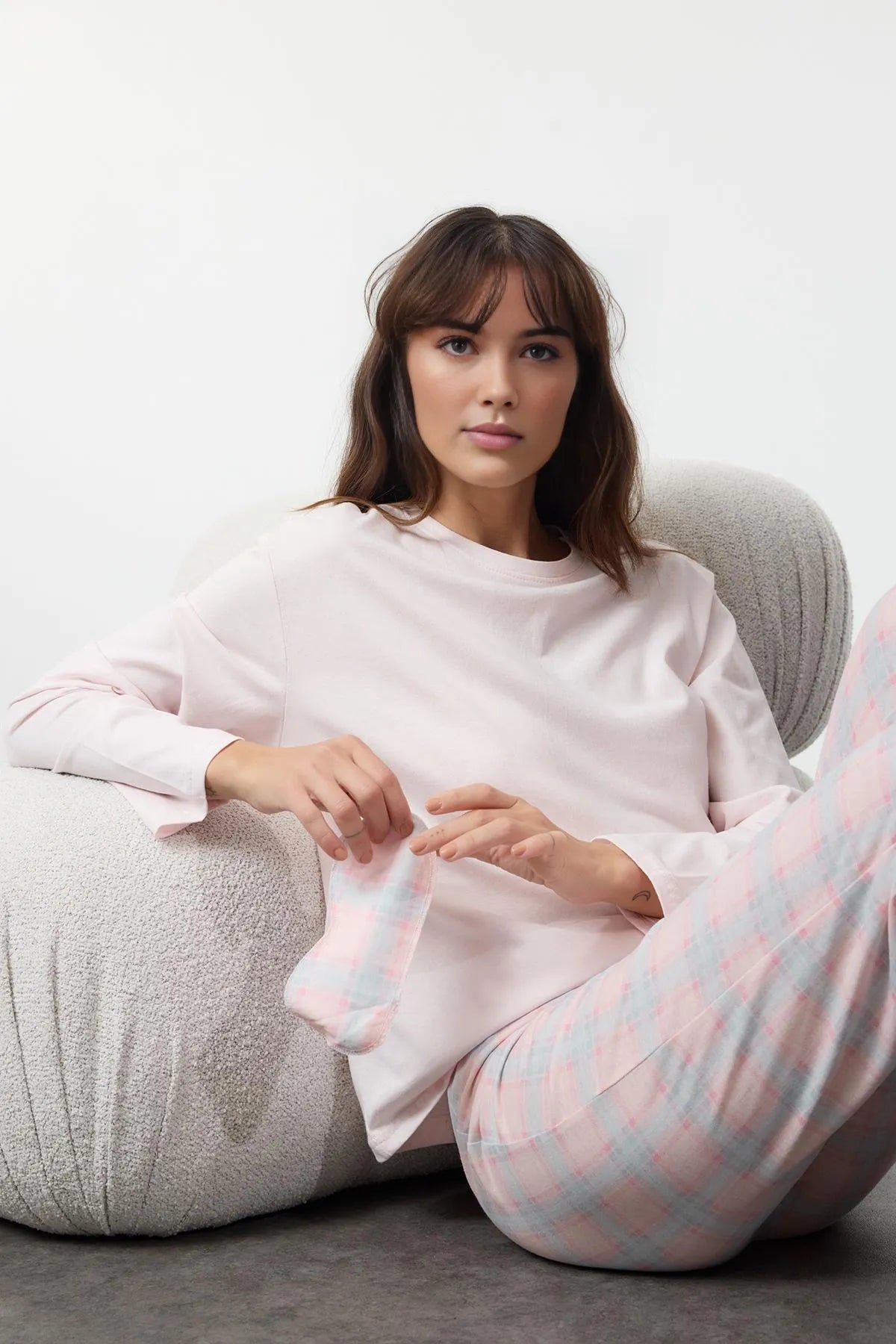 Pink - Multicolored Cotton Plaid Sleep Band Knitted Pajama Set - Lebbse