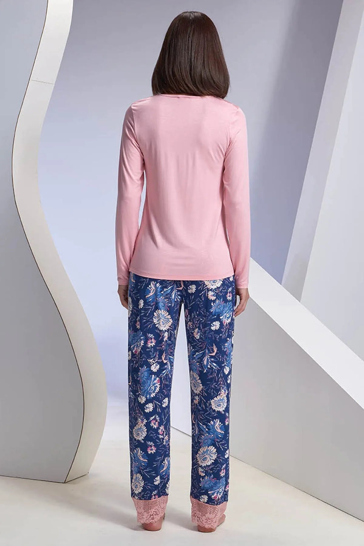 Pink - Navy blue Women's Pajama Set - Lebbse