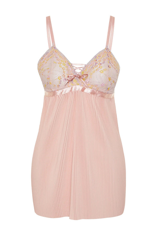 Pink Satin Pleated Colorful Lace Detailed Babydoll - Lebbse