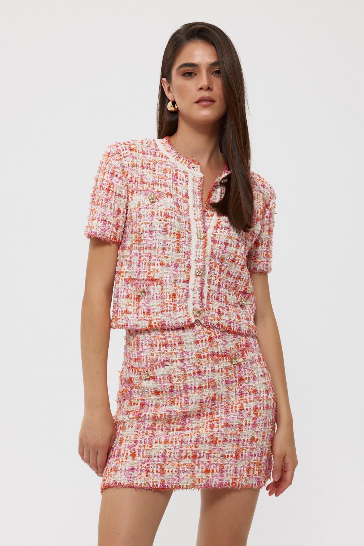 Pink Tweed Knitted Skirt Suit - Lebbse