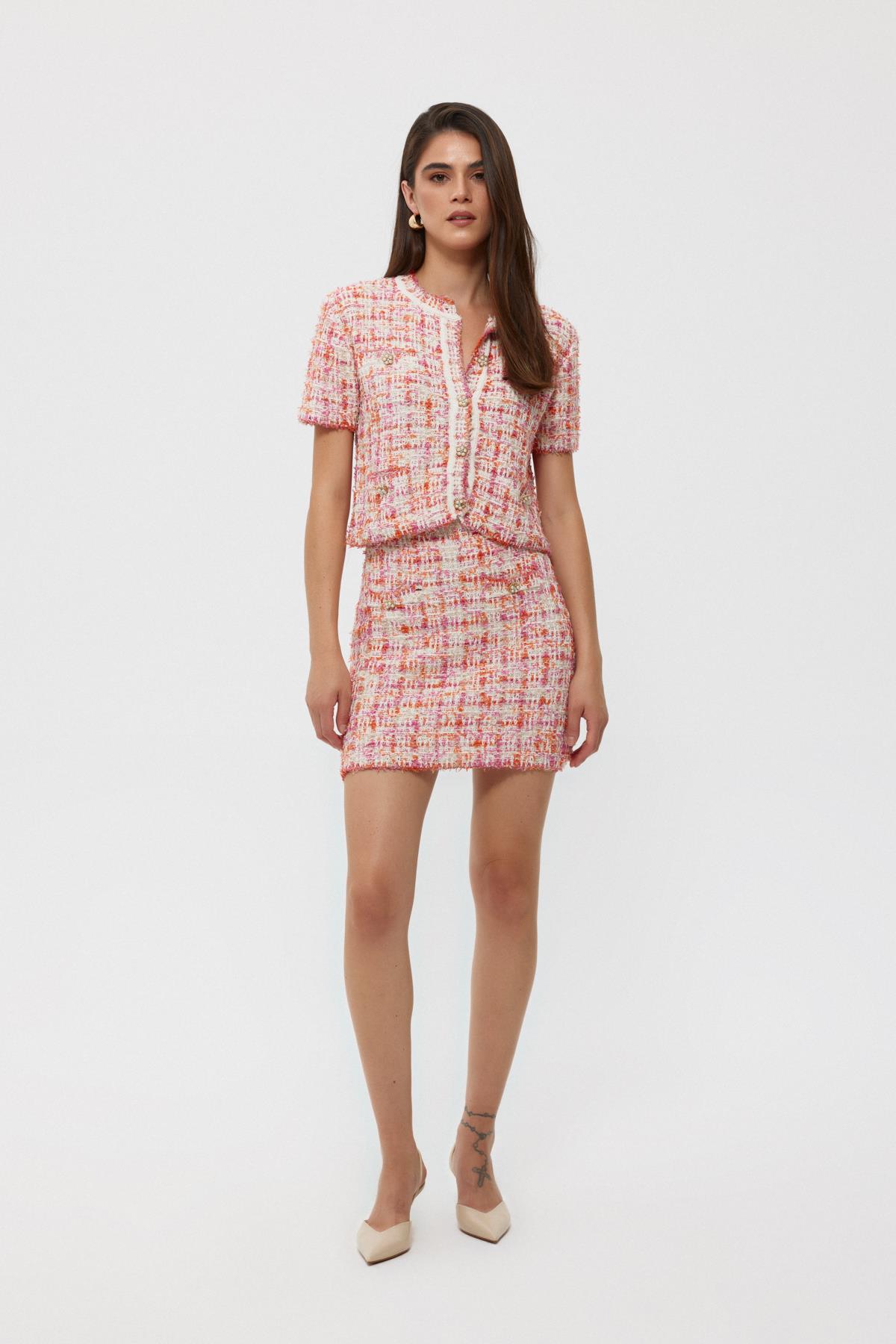 Pink Tweed Knitted Skirt Suit - Lebbse