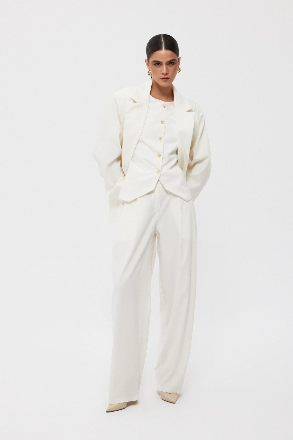 Pleated Front Elastic Back Palazzo Trousers - Lebbse