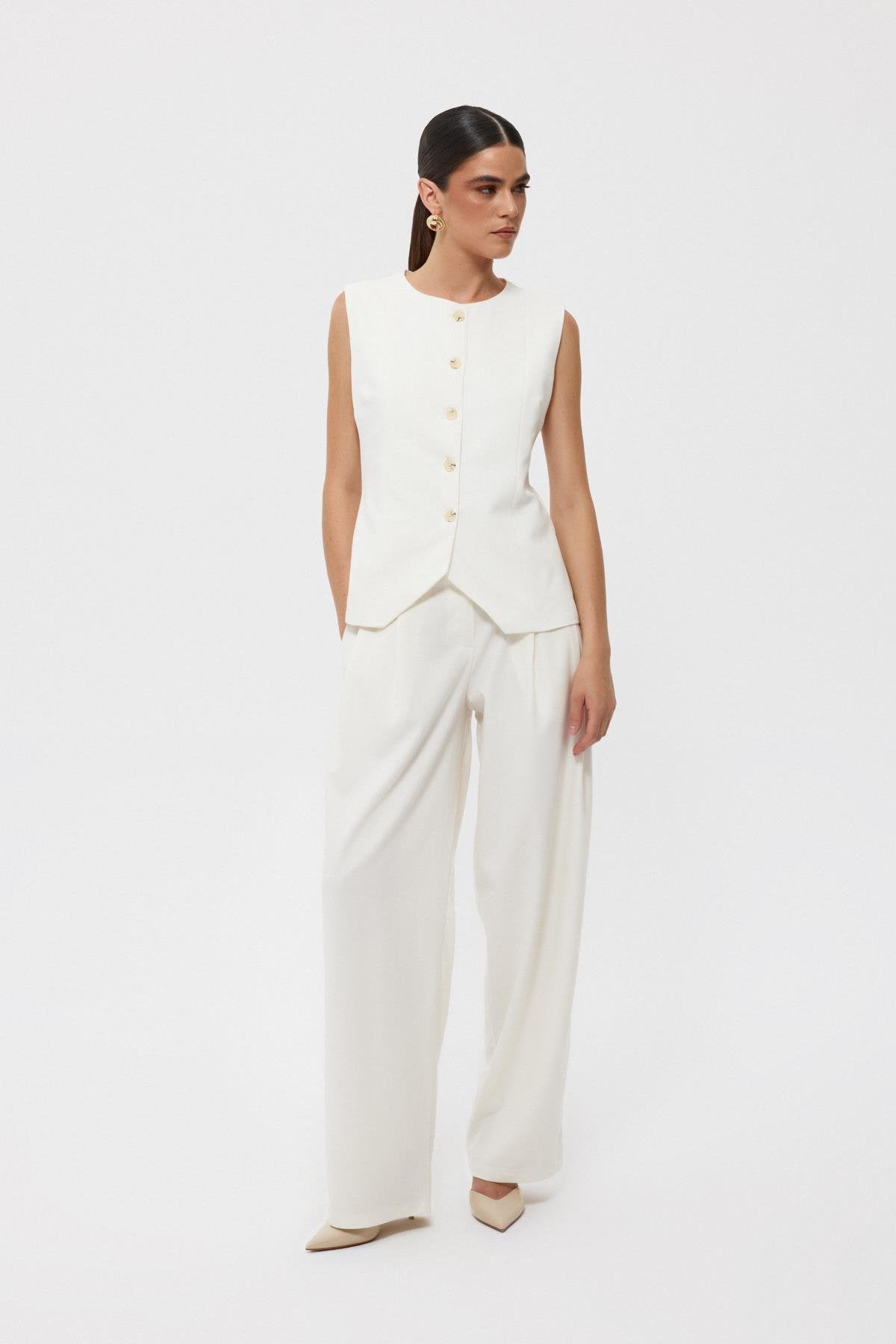 Pleated Front Elastic Back Palazzo Trousers - Lebbse