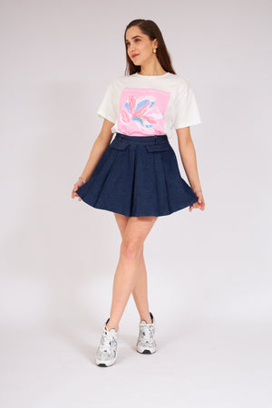 Pleated Mini Denim Skirt Blue - Lebbse