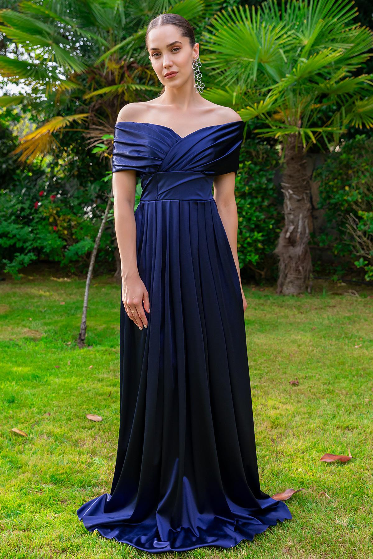 Pleated Satin Evening Dress - NAVY BLUE - Lebbse